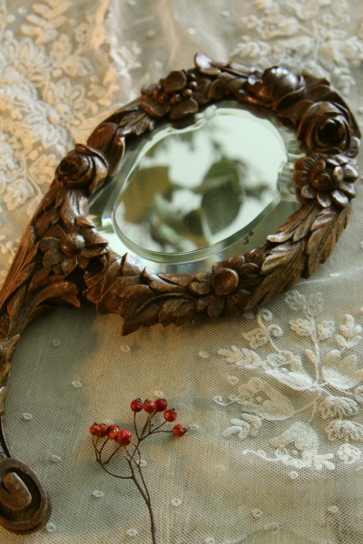 アンティークミラー フランス バラ 木彫 ハンドミラー 手鏡 【Antiques