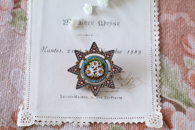 マイクロモザイクデイジーブローチ　イタリア　アンティークストリュフ