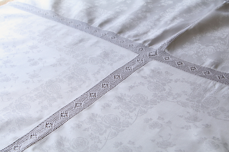 ローズダマスクリネンテーブルクロス　イギリス　アンティークストリュフ