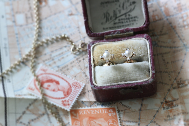 パールアンドオールドカットダイヤモンドスタッドピアス　イヤリング　イギリス　アンティークストリュフ 20250627