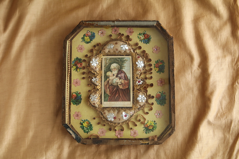 聖ヨセフ　聖父子像　額装壁飾り　フランス　 アンティークストリュフ