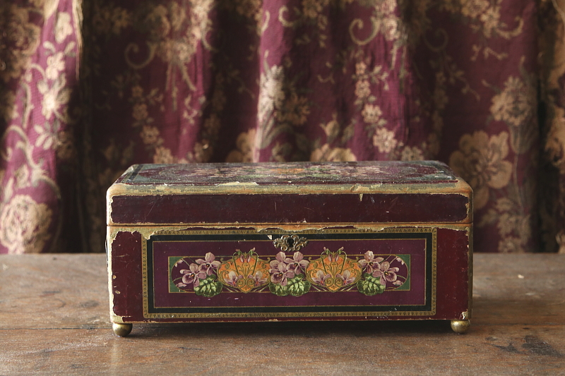 菫の紙貼りグローブボックス　コレクションボックス　ヨーロッパ　アンティークストリュフ