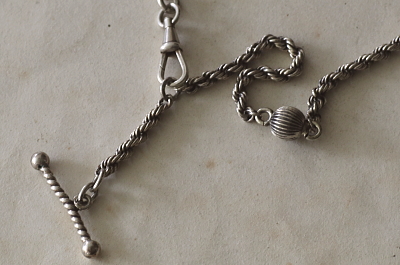 シルバーウォッチチェーンネックレス　Tバー　イギリス　フランス　アンティークストリュフ