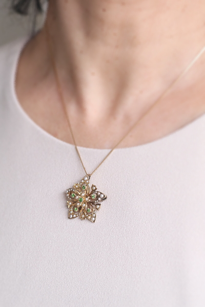 デマントイドガーネット　パール　フラワーペンダントブローチ　イギリス　アンティークストリュフ 