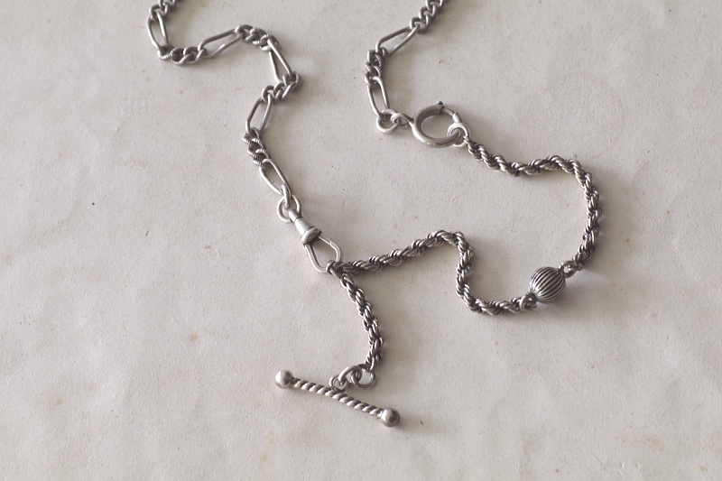 シルバーウォッチチェーンネックレス　Tバー　イギリス　フランス　アンティークストリュフ