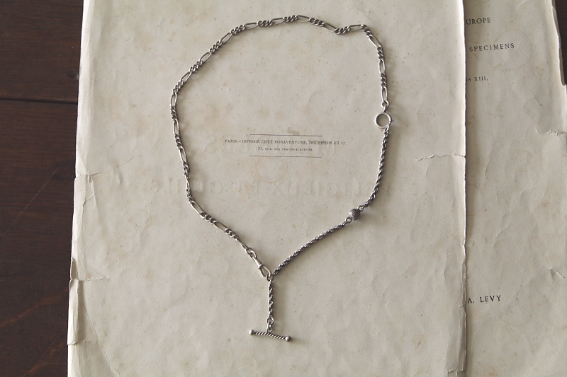 シルバーウォッチチェーンネックレス　Tバー　イギリス　フランス　アンティークストリュフ