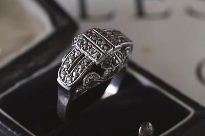 マーカサイトシルバーアールデコリング　ヨーロッパ　アンティークストリュフ