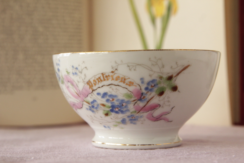 アンティークリモージュカフェオレボウル　ワスレナグサ　リボン　フランス