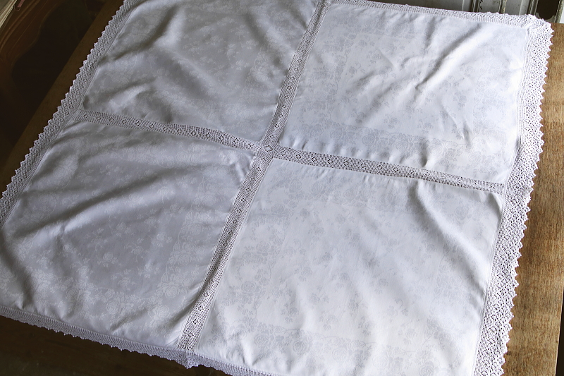 ローズダマスクリネンテーブルクロス　イギリス　アンティークストリュフ