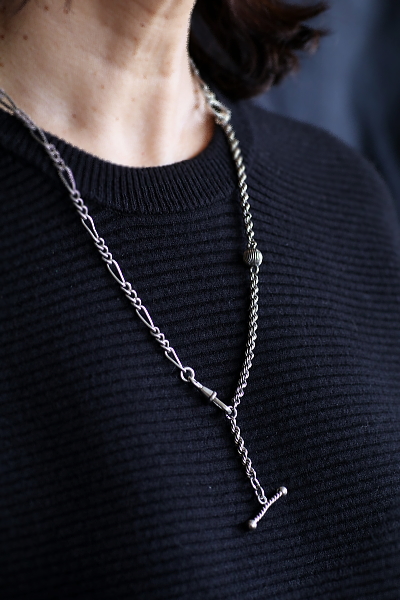 シルバーウォッチチェーンネックレス　Tバー　イギリス　フランス　アンティークストリュフ