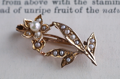 パール飾りゴールドブローチ　ダフォディル　イギリス　アンティークストリュフ