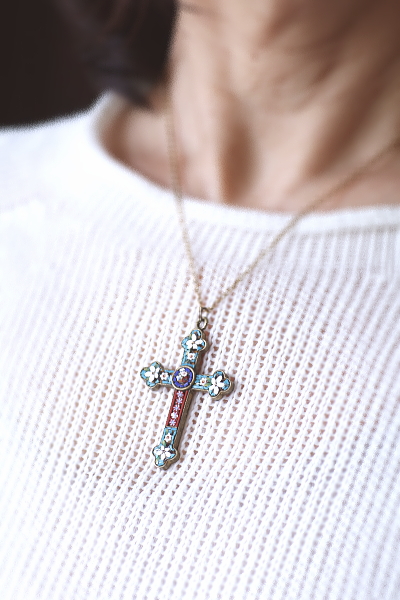 マイクロモザイクのスーベニールブローチとクロスペンダント　イタリア　アンティークストリュフ