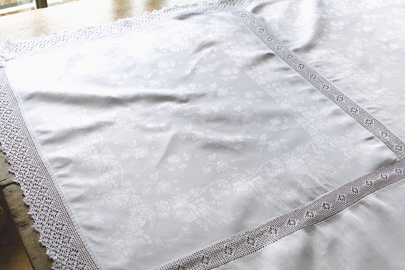 ローズダマスクリネンテーブルクロス　イギリス　アンティークストリュフ