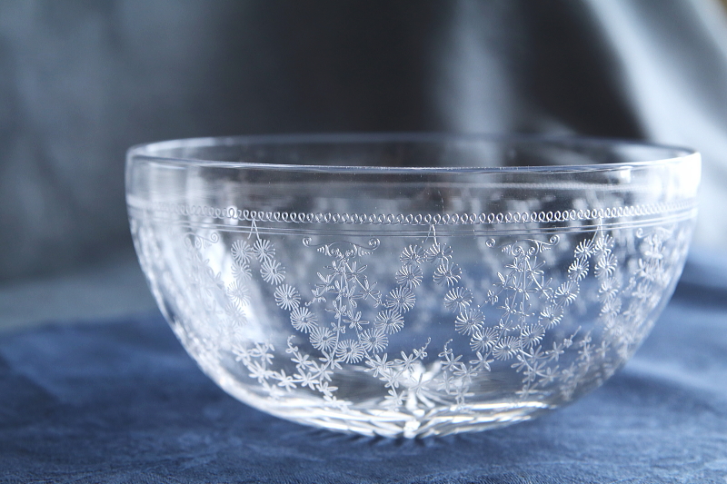 エッチングクリスタルフィンガーボウル　ガラス菓子器　イギリスアンティークストリュフ