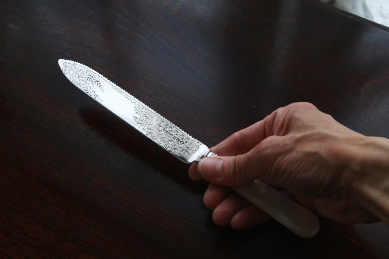 ハンドエングレーヴィング　シルバーケーキナイフ　アンティークストリュフ