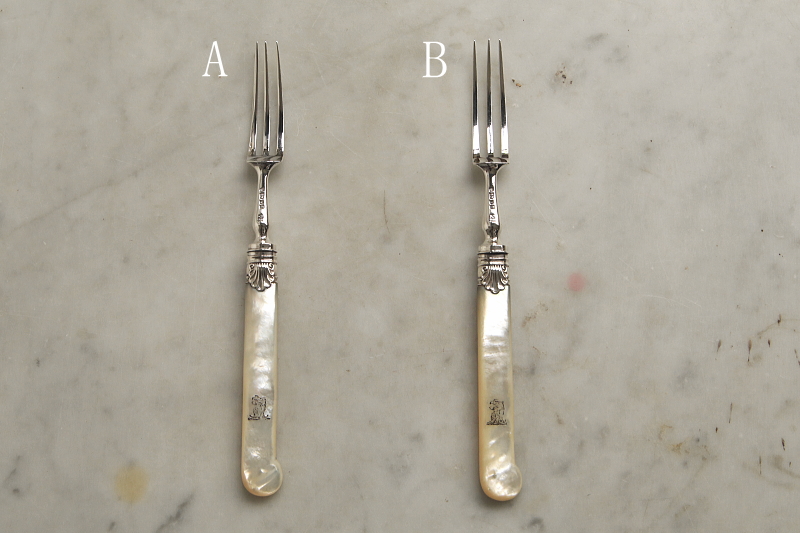 スターリングシルバーデザートフォーク　マザーオブパールハンドル　龍紋　William Gibson & John Lawrence Langman　イギリス　アンティークストリュフ