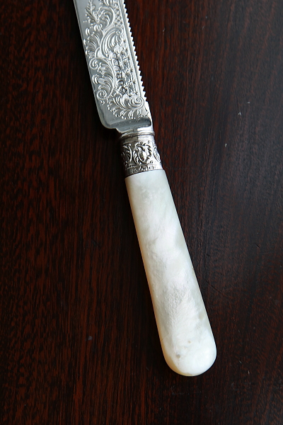 ハンドエングレーヴィング　シルバーケーキナイフ　アンティークストリュフ