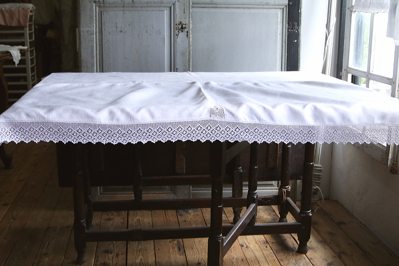 ローズダマスクリネンテーブルクロス　イギリス　アンティークストリュフ