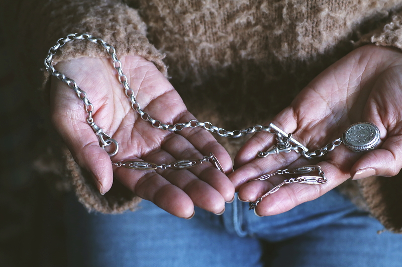 シルバーウォッチチェーンネックレス　イギリス　アンティークストリュフ 20251217