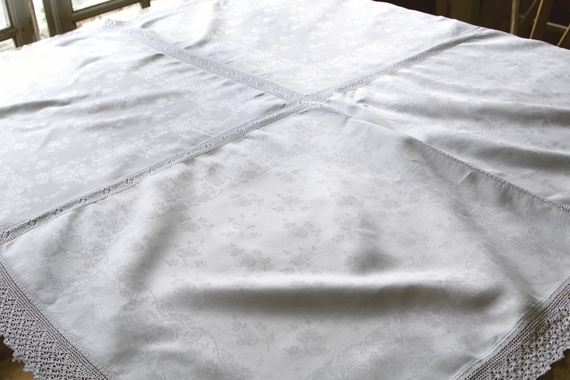 ローズダマスクリネンテーブルクロス　イギリス　アンティークストリュフ