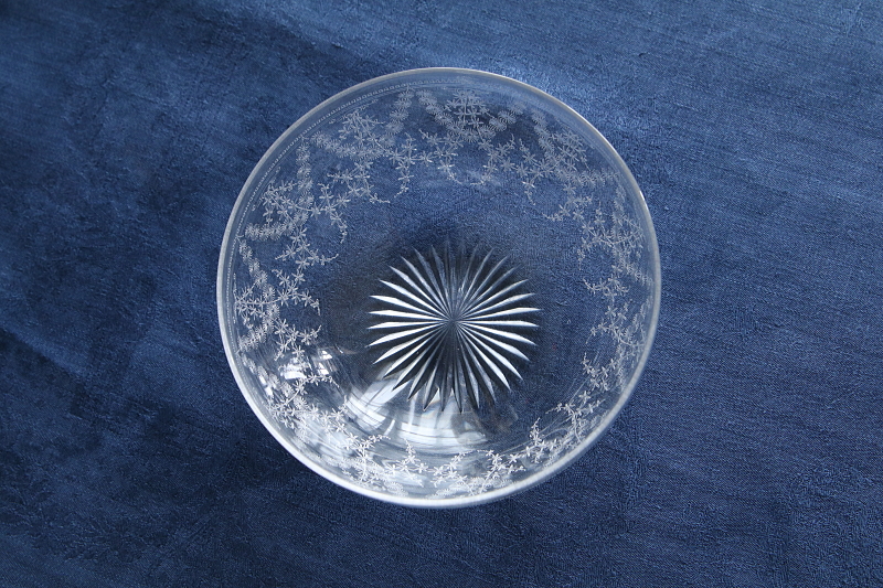 エッチングクリスタルフィンガーボウル　ガラス菓子器　イギリスアンティークストリュフ