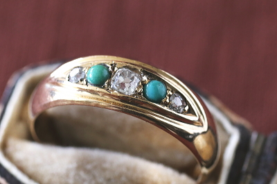 オールドマインカットダイヤ　ターコイズ　ジプシーリング　イギリス　アンティークストリュフ