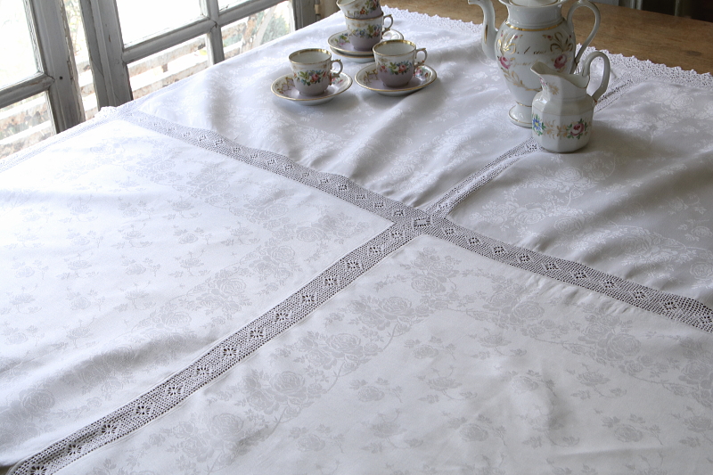 ローズダマスクリネンテーブルクロス　イギリス　アンティークストリュフ 20250724