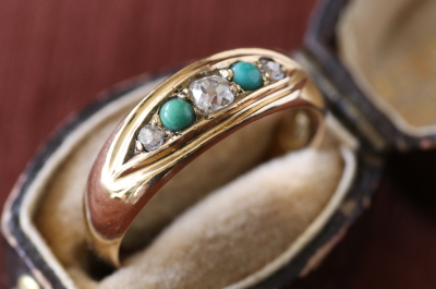 オールドマインカットダイヤ　ターコイズ　ジプシーリング　イギリス　アンティークストリュフ