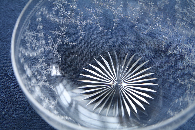 エッチングクリスタルフィンガーボウル　ガラス菓子器　イギリスアンティークストリュフ