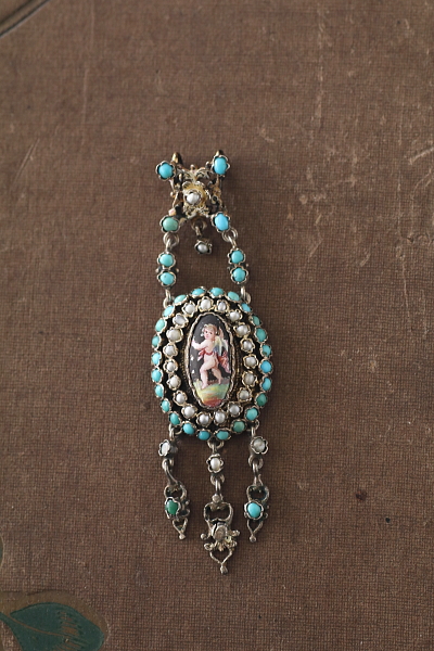 天子のエナメルミニアチュール　ターコイズアンドパール　シルバーペンダント　ヨーロッパ　アンティークストリュフ