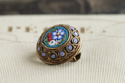 マイクロモザイクブローチ　ワスレナグサ　イタリア　アンティークストリュフ