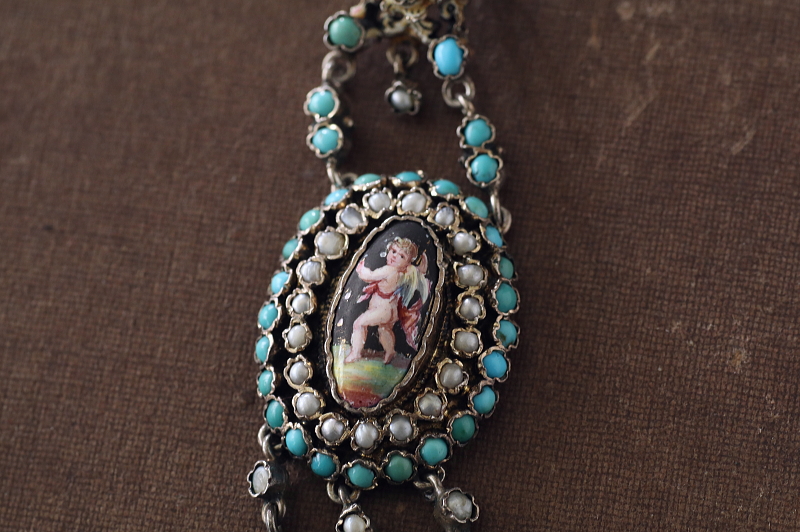 天子のエナメルミニアチュール　ターコイズアンドパール　シルバーペンダント　ヨーロッパ　アンティークストリュフ