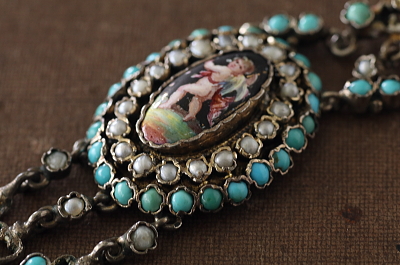 天子のエナメルミニアチュール　ターコイズアンドパール　シルバーペンダント　ヨーロッパ　アンティークストリュフ