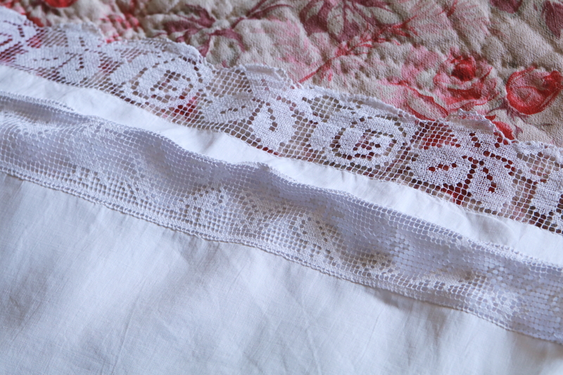 バラと小鳥のフィレレース　ベビーズデュベカバー　フランス　アンティークストリュフ