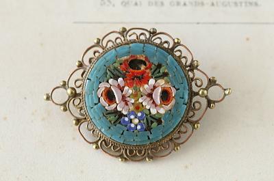 薔薇と勿忘草のマイクロモザイクブローチ　イタリア　アンティークストリュフ