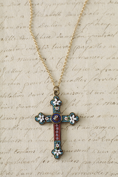 マイクロモザイクのスーベニールブローチとクロスペンダント　イタリア　アンティークストリュフ