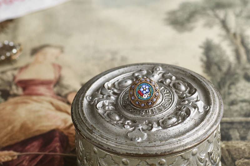 マイクロモザイクブローチ　ワスレナグサ　イタリア　アンティークストリュフ