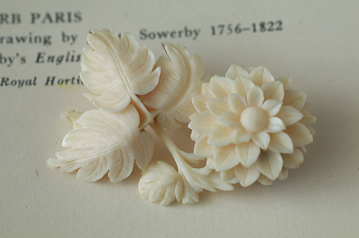 ダリアのアイボリーブローチ　象牙　ヨーロッパ　アンティークストリュフ