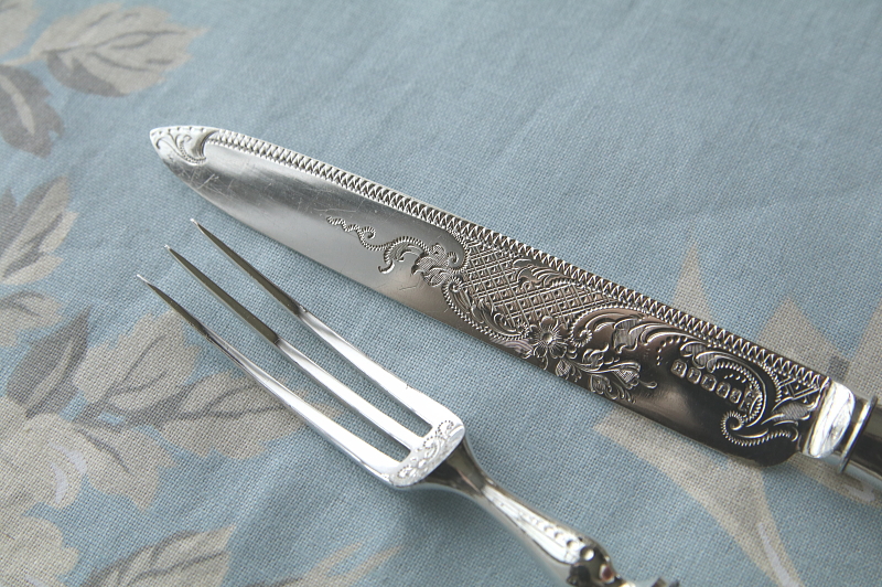 ハンドエングレービングデザートナイフアンドフォーク　Richard Frederick Mosley　イギリス　アンティークストリュフ