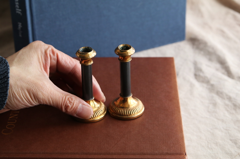 フレンチブラス　ミニキャンドルスティックペア　フランス アンティークストリュフ