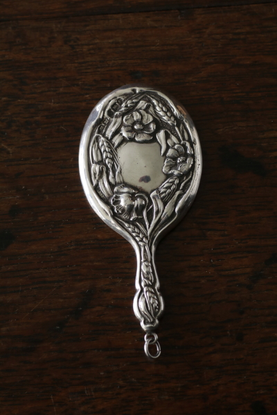 アールヌーボー　シルバーミニハンドミラー　麦穂と芥子　イギリス　アンティークストリュフ
