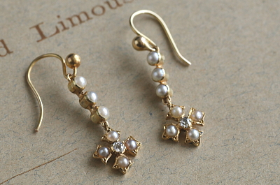 シーパールオールドヨーロピアンカットダイヤ　ゴールドドロップピアス　イギリス　アンティークストリュフ