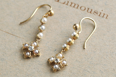 シーパールオールドヨーロピアンカットダイヤ　ゴールドドロップピアス　イギリス　アンティークストリュフ