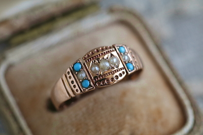 パール＆ターコイズ　ゴールドパネルリング　ヴィクトリアン　イギリス アンティークストリュフ