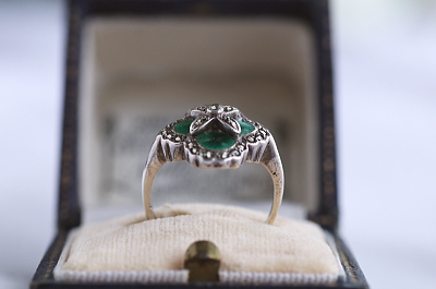 ギロッシュエナメル　マーカサイト　シルバーリング　四葉のクローバー　ヨーロッパ アンティークストリュフ