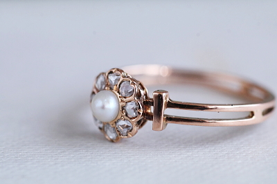 パールアンドローズカットダイヤ　デイジーリング　フランス　アンティークストリュフ