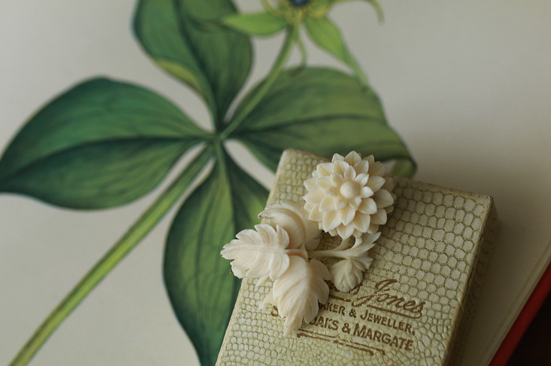 ダリアのアイボリーブローチ　象牙　ヨーロッパ　アンティークストリュフ