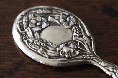 アールヌーボー　シルバーミニハンドミラー　麦穂と芥子　イギリス　アンティークストリュフ