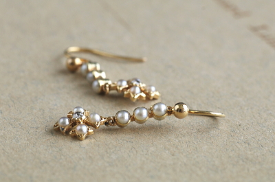 シーパールオールドヨーロピアンカットダイヤ　ゴールドドロップピアス　イギリス　アンティークストリュフ