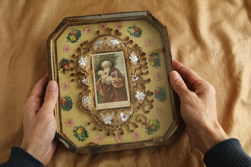 聖ヨセフ　聖父子像　額装壁飾り　フランス　 アンティークストリュフ